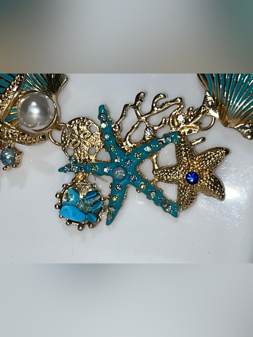 Chic Beach Turquoise Starfish Rhinestone Pearl Mermaid Seashell Necklace NEW! - Picture 6 of 7